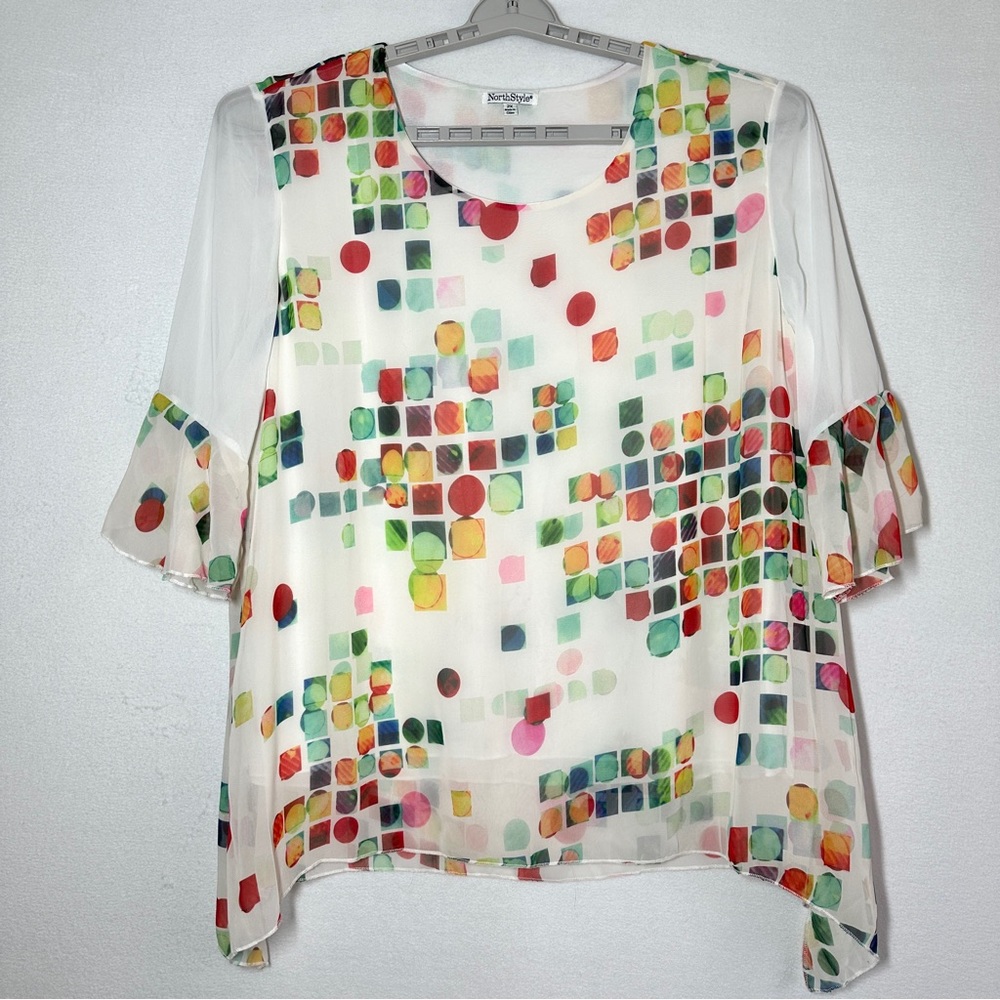 NorthStyle Sheer Abstract Blouse 2X Lined Multicolor Geometric Shapes Pullover